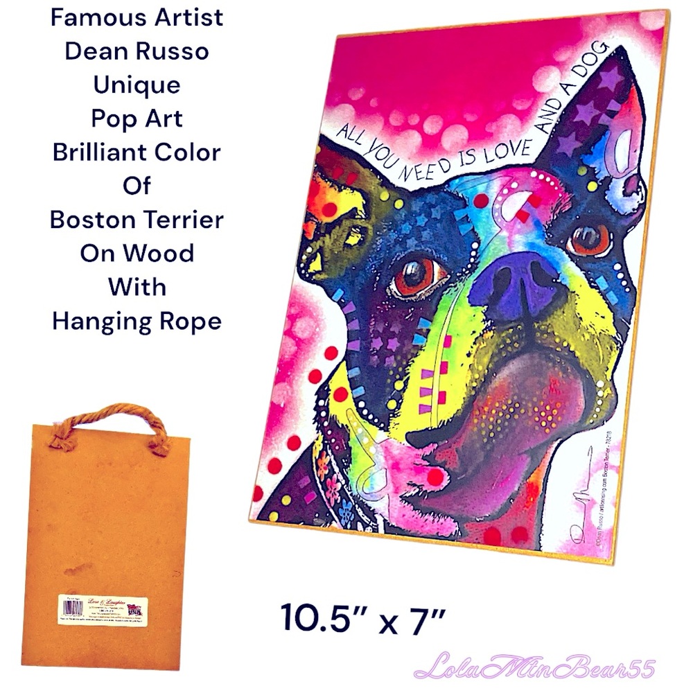 FAMOUS ANIMAL ARTIST DEAN RUSSO’S VIBRANT POP ART UNIQUE BOSTON TERRIER ON WOOD